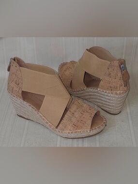 gentle souls Tan Cork Espadrille Wedge Sandals with Elastic Straps